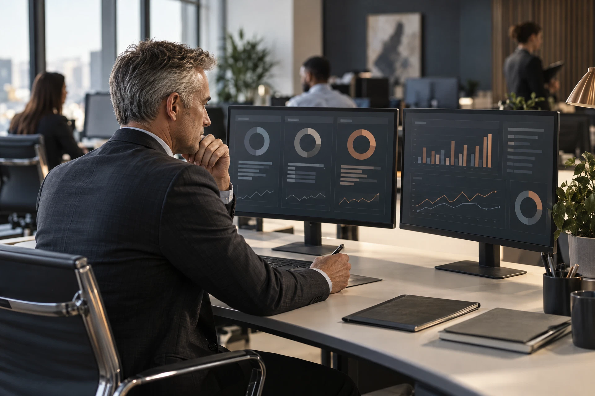 Finance manager reviewing operating-model alternatives on abstract dashboards.